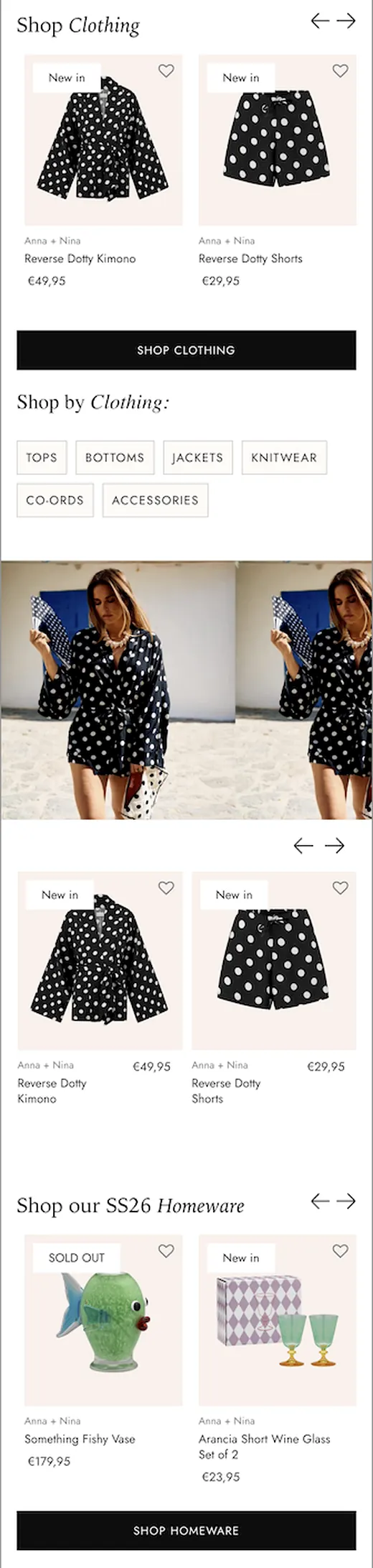 Anna + Nina homepage product sections screenshot